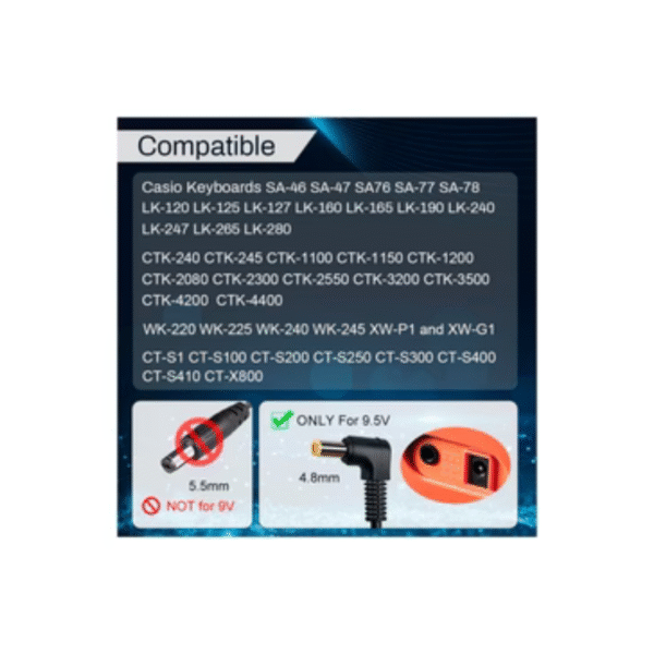 Adaptador de Corriente Casio – AD‑E95100LU (9.5 V DC, 1 000 mA) - Imagen 3